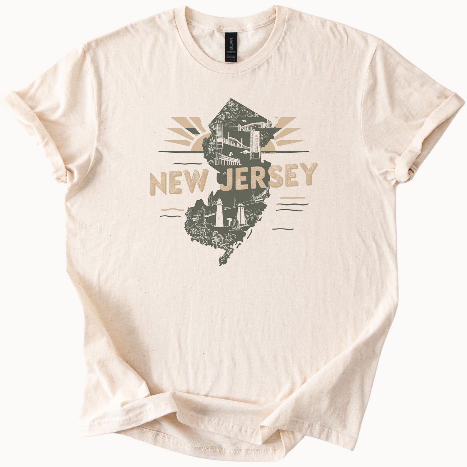 New Jersey State Map Graphic T Shirt Unique New Jersey Landmarks Art Tee New Jersey Outline Shirt Nature Bridge Lighthouse Design 160