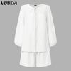 VONDA Two Pieces Women Crochet Hem Buttons Blouse Elastic Waist Shorts Outfits