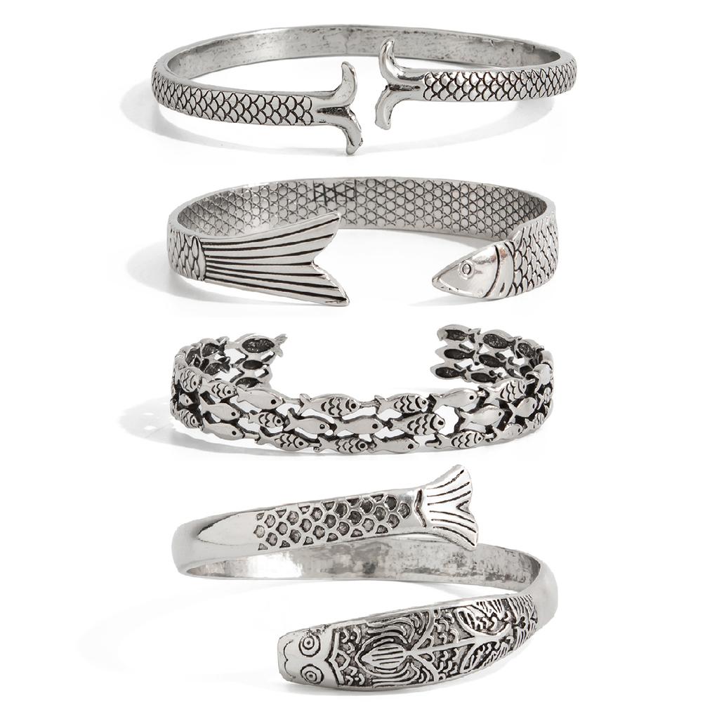 KunJoe 4 Styles Vintage Creative Lucky Fortune Fish Open Adjustable Bracelet Women HipHop Punk Silver Color Metal Bangle Jewelry