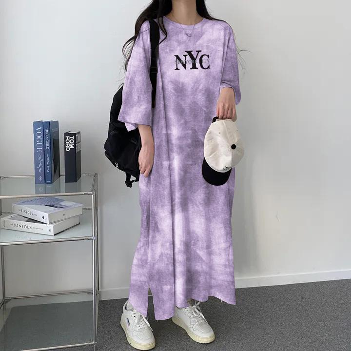 Women's 2024 Summer Tie-Dye Japanese Short-Sleeve Dress - Loose, Casual, Mid-Length Tee Design