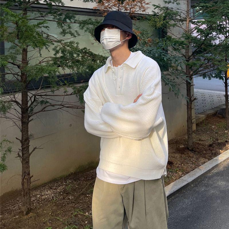 Men's Oversized Polo Collar Knit Sweater - Solid Color, Korean Style, High-Grade Lapel Sweater
