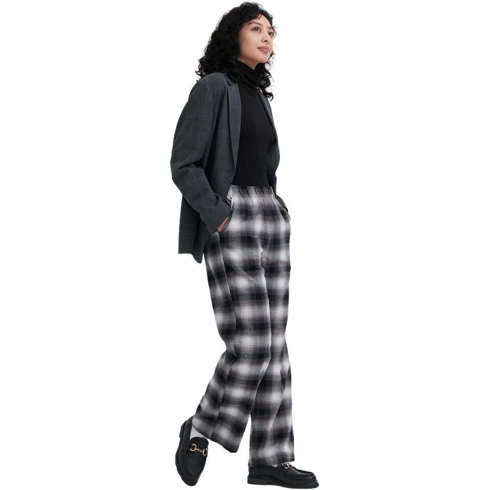 UNIQLO Plaid Flannel Elastic Waist Straight Leg Casual Pants Women bottoms Light-Gray 461762-07