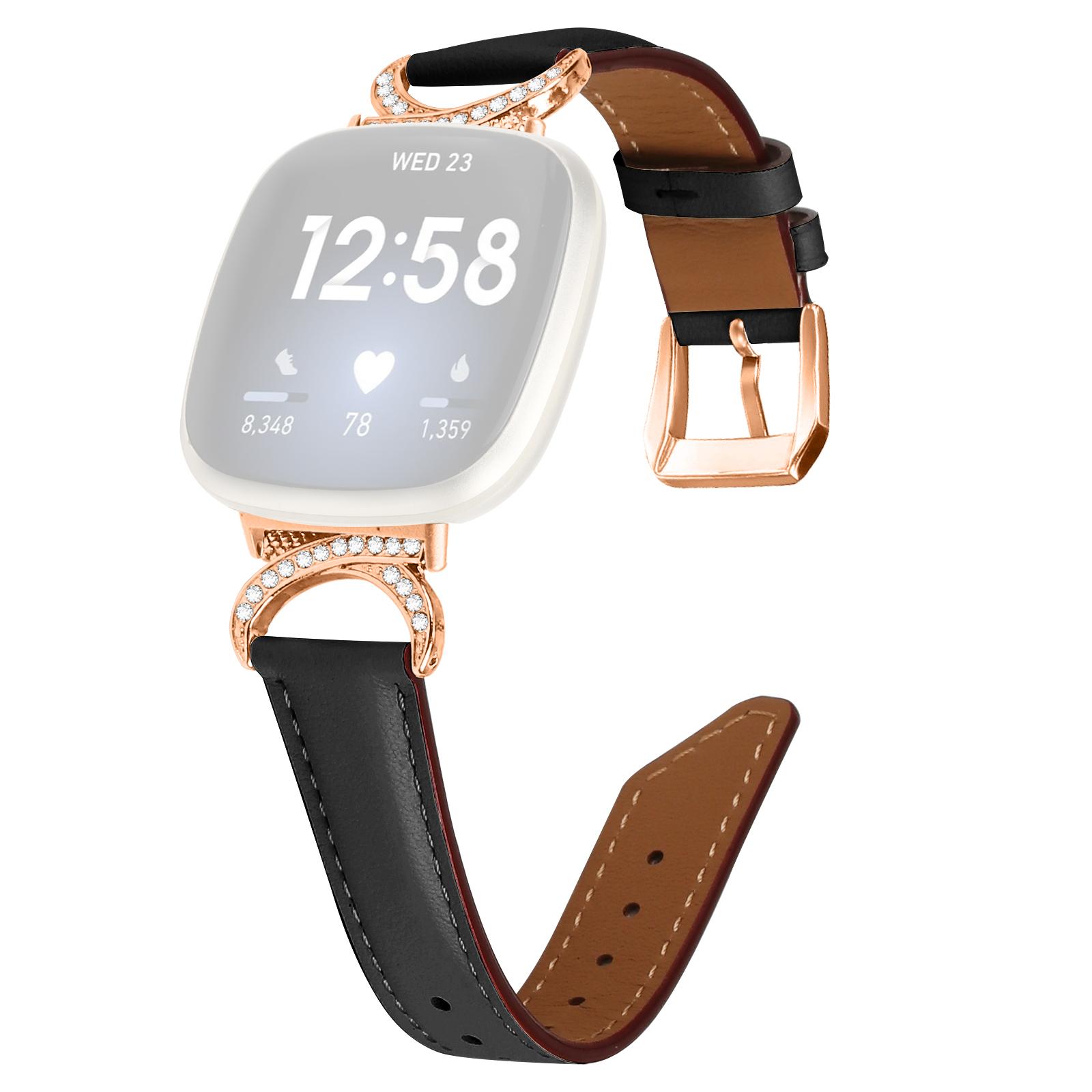 

For Fitbit Versa 3/Versa 4/Sense/Sense 2 Wrist Band Rhinestone D-shape Connector Split Leather Adjustable Strap with Rose Gold Buckle Black