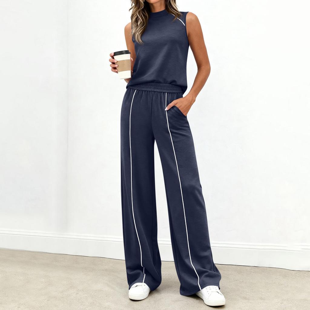 Women's Casual Fashion High-Neck Sleeveless Top And Wide-Leg Trousers Set