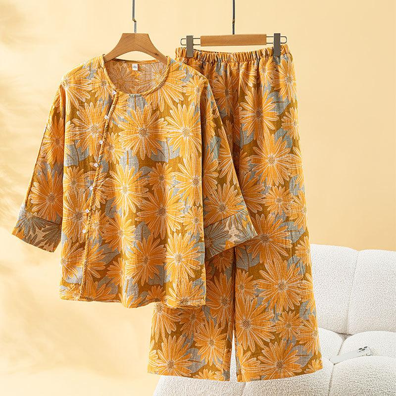 Seasonal new pajamas can be worn outside pure cotton women's autumn thin loose suits can be worn outside national style loungewear