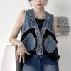 Gilet di jeans da donna estivo ampio con scollo a V e cuciture in rete, orlo vivo corto senza maniche
