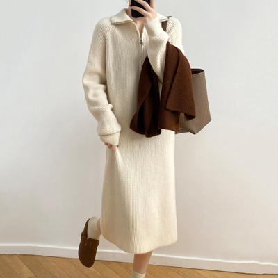 Winter Sweater Dress Zippered Turn-down Collar Long Sleeves Loose Knitted Pure Color
