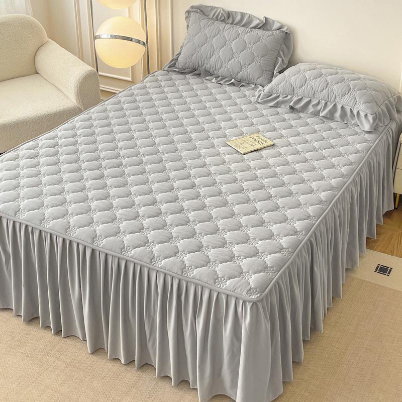 

Покрывало-юбка на кровать класса А, из приятного к коже, стираемого хлопка: Толстая нескользящая простыня с оборками, всесезонный универсальный чехол против грязи 1.5m Skirt Set: Skirt 150x200cm, 2 Pillowcases