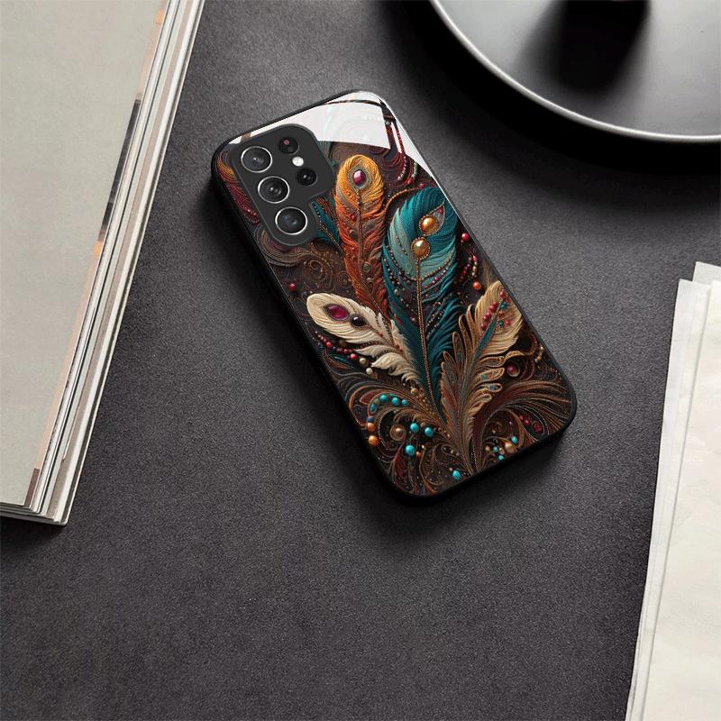 Creative retro gemstone feather glass phone case suitable for Samsung Galaxy S26 S25 S24 S22 S21 S20 FE/Ultra/Plus hard case