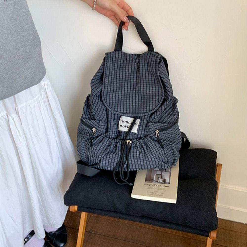 Karomuster Raffung Schultertaschen Koreanische Studenten Schultasche Trendige Rucksack mit Kordelzug Herren Damen