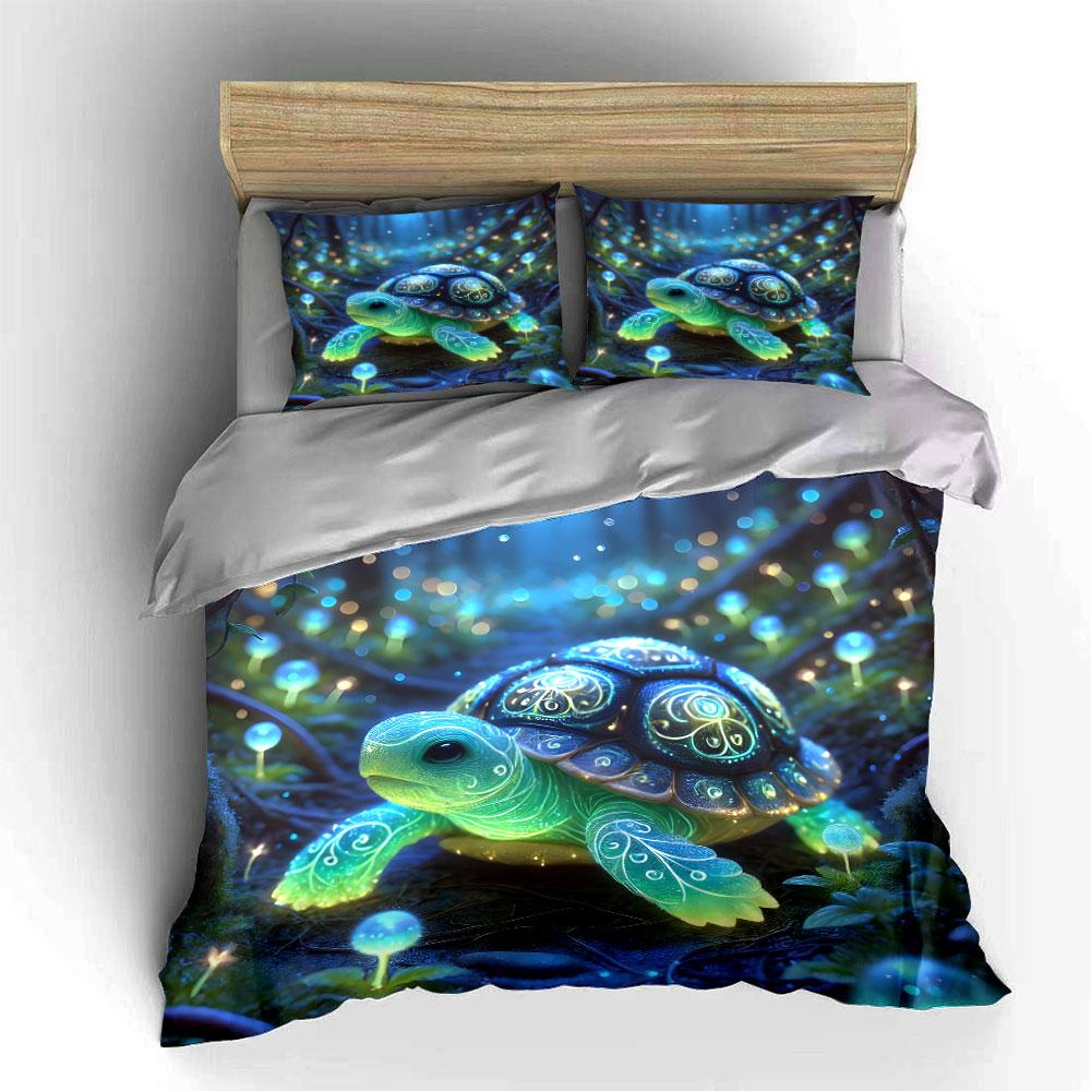 Set Biancheria da Letto Stampa Foresta Magica Tartaruga Luminosa 1 Copripiumino 2 Federe Per Adulti e Bambini Regalo di Lusso Misura Matrimoniale