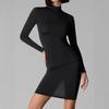 Spring solid color semi high neck long sleeved mesh splicing sexy perspective one-step skirt dress