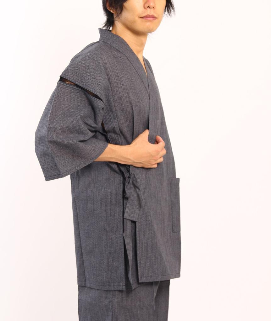 Edoten and Dyed In Small Ajiro Weave Medium Men's Shijira-ori Jinbei, Thread, Sewn, Japan, Gray, 5003GY,