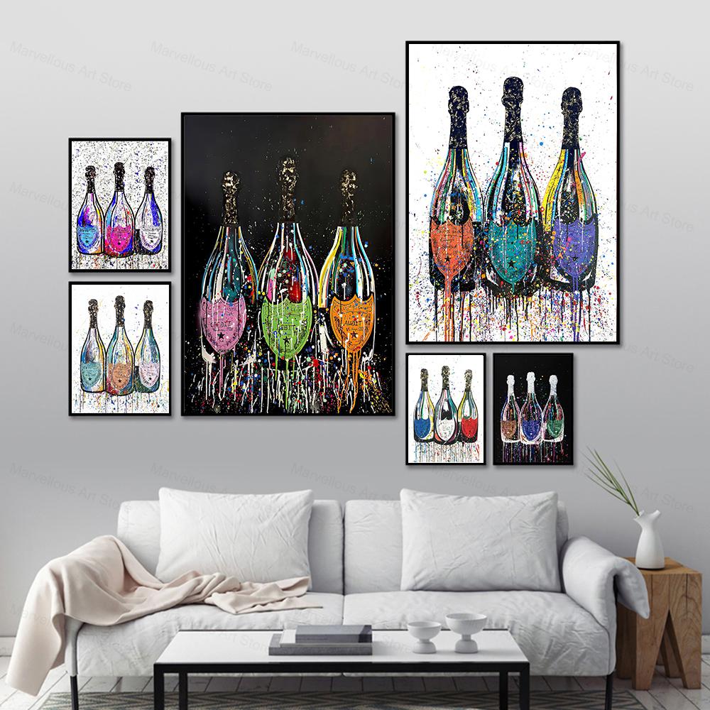 Colorful Champagne Bottle Canvas Painting Modern Graffiti Pop Art Posters and Print Wall Cuadros for Living Room Home Decor