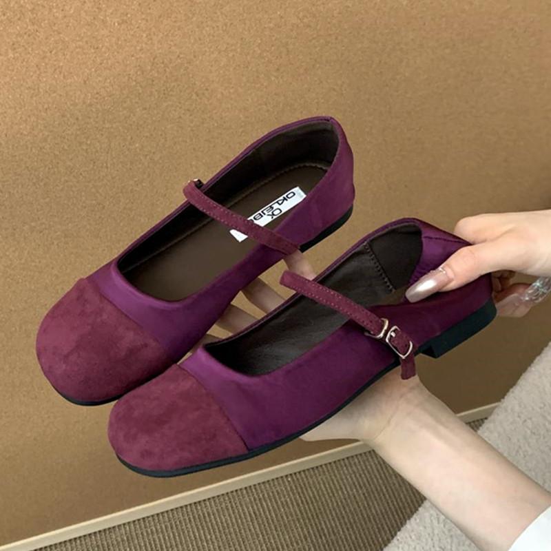 Fashion Cute Mixed Color Satin Velvet Ballet Flats Women Fashion Round Toe Narrow Buckle Mary Jane Shoes for Women Comfort Casual Shoes