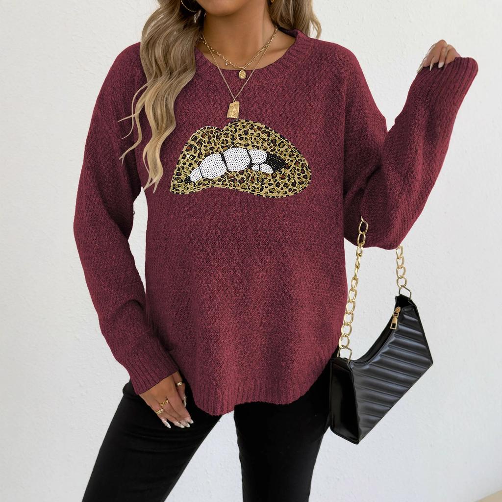 A Leopard Print Embroidered Sequined Lip Personalized Round-neck Pullover Sweater for Women