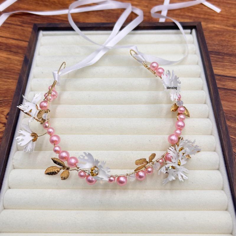 Golden Fairy Leaf Flower Pearl Headband - Elegant European Crown for Girls' Weddings