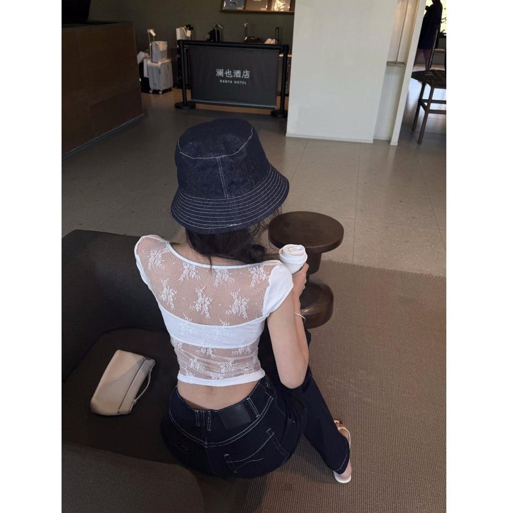 Pure Back Lace Square Neck Short Sleeve T-Shirt Women's Spring Front Shoulder T-Shirt Slim Skinny Big Neckline Spice Girl Top