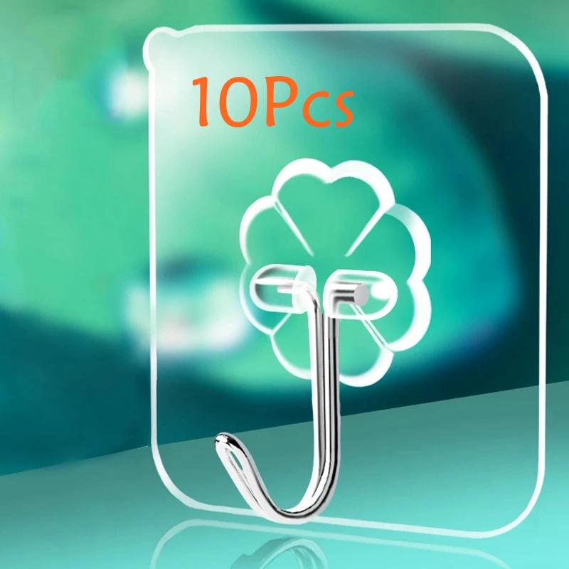 10Pcs Door Hook Adhesive Wall Hooks Transparent Anti-skid Traceless Heavy Duty Stick On Hook Bathroom Kitchen Wall Stickers