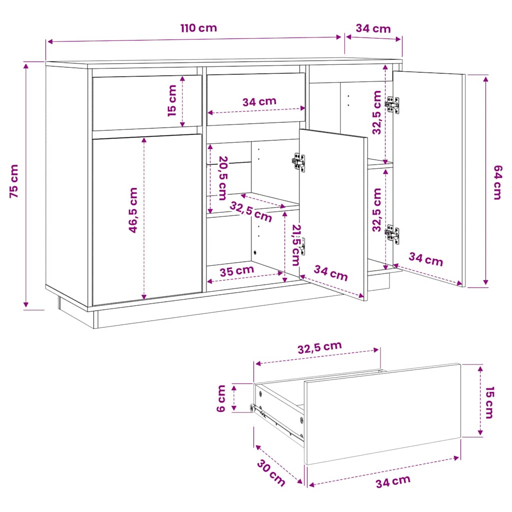 Sideboard White 110 x 34 x 75 cm Solid Pine Wood