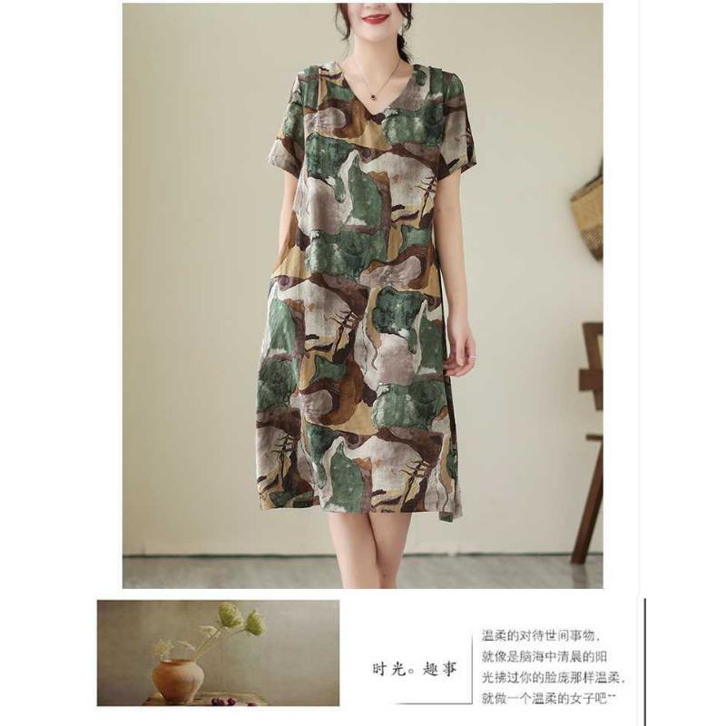 Temperament V-neck MIDI Vintage Print Loose A-line Skirt Short-sleeved Dress