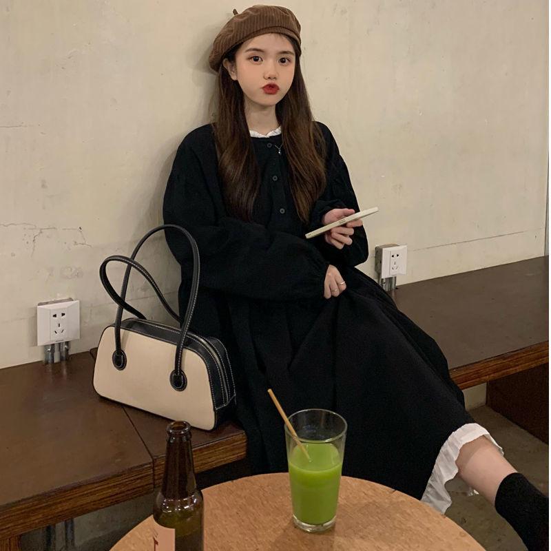 

Абрикосовое платье с длинным рукавом, омолаживающее, женское, весенне-осеннее, свободного кроя, с темпераментом, длинная юбка L