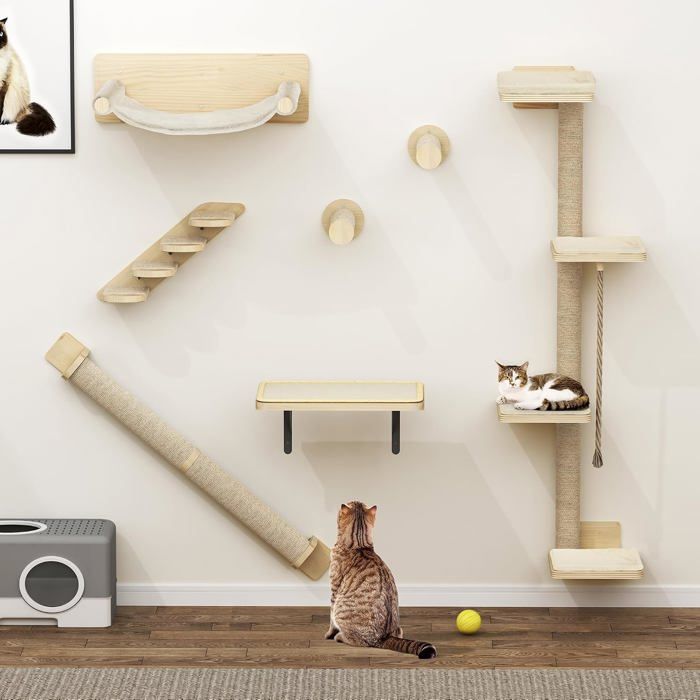 ZENATERRA Seven-Part Wooden Cat Wall Furniture Set with Three Cat Trees and Four Steps