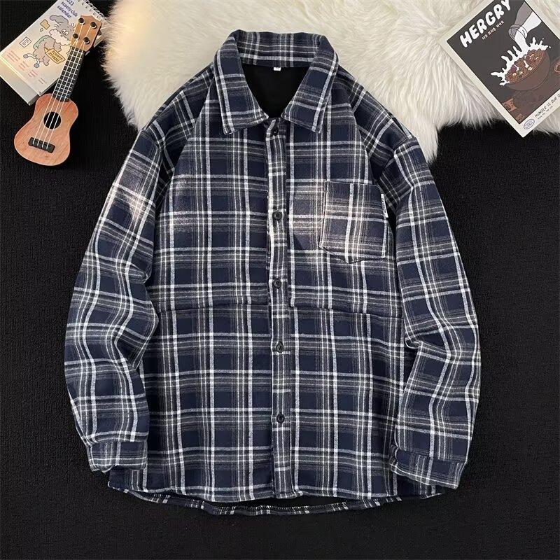 Japanese-Style Retro Cityboy Velvet Padded Shirt Autumn and Winter Boys' College Style Thickened Couple Warm Plaid Shirt