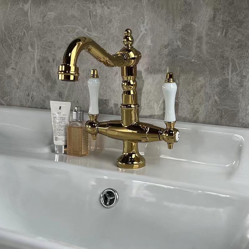 French vintage Faucet European Gold Double handle Faucet Bathroom sink faucet ceramic Single Hole Hot and Cold Faucet 66035
