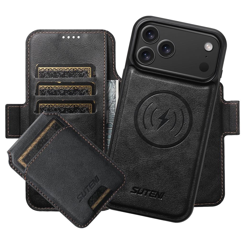 iPhone 17 Pro Max Leather Flip Case with Card Slot, Magnetic Closure, and Wireless Charging Stand