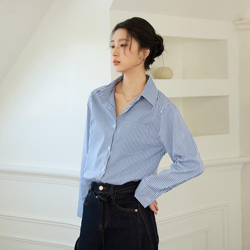 

26-Year Korean Chic Blue Pinstripe Slimming Long Sleeve Blouse Small синий