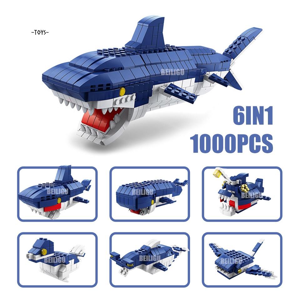 1000 Stück 6 in 1 Ozeanhaie Meereswelt Bausteine Unterwassertiere Wale Seepferdchen Kreation Ziegelsteine Pädagogisches Spielzeug für Kinder