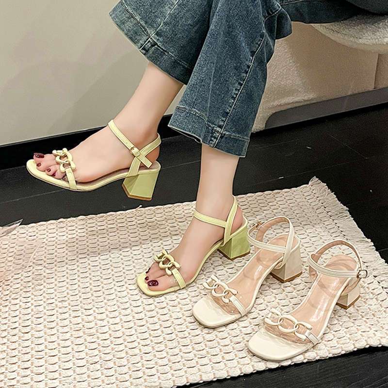 Internet Celebrity Word with Fashion High Heels Sandals Square Head Thick Heel Wear Versatile High Heels Women 2025 Summer New
