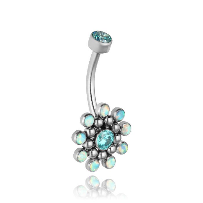 Titanium Navel Ring With Premium Sea Zircon And Blue Opal - Tpp-007 1.6/8
