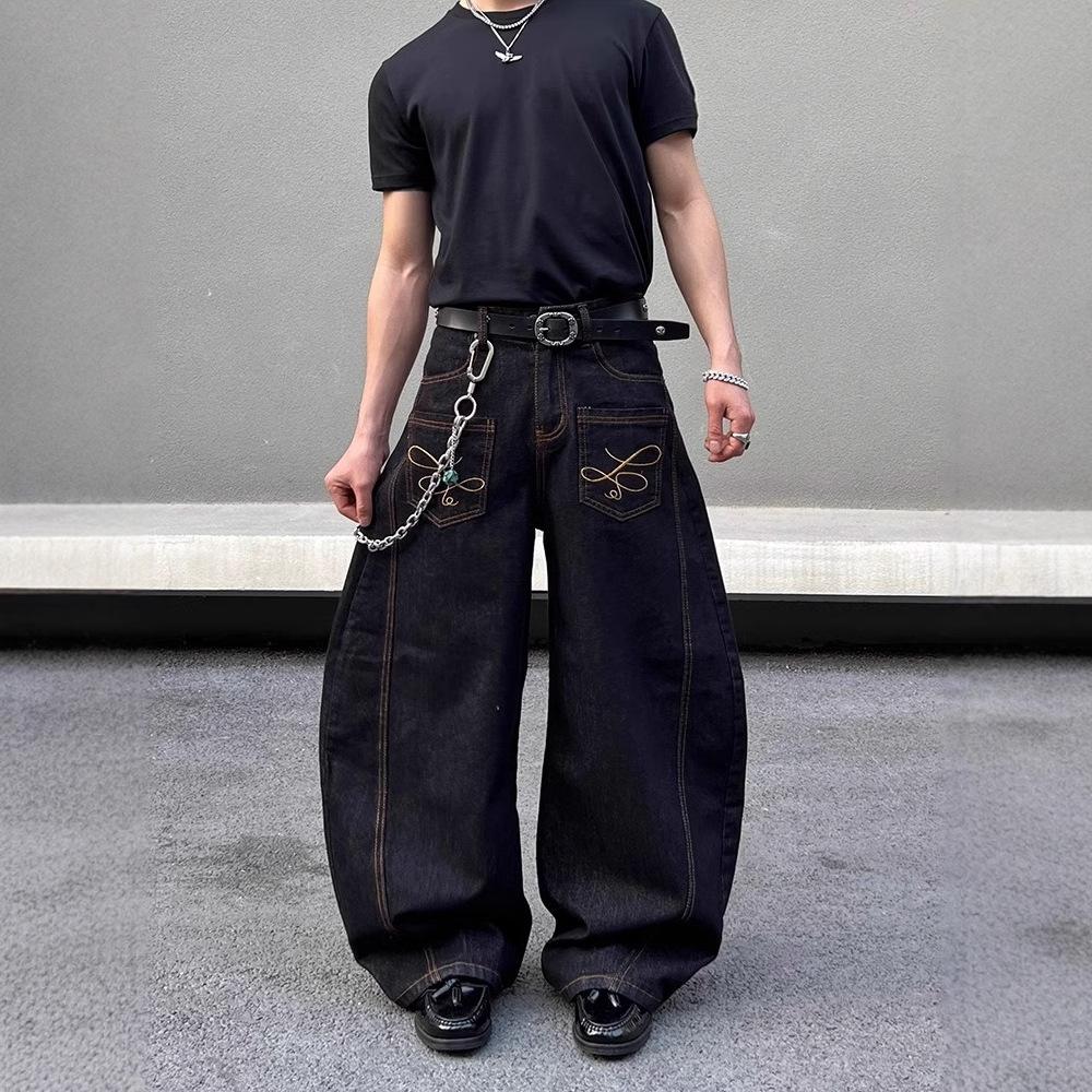 JYL Men's Bootcut Jeans  Embroidery Baggy Loose Trendy Scythe Denim Pants