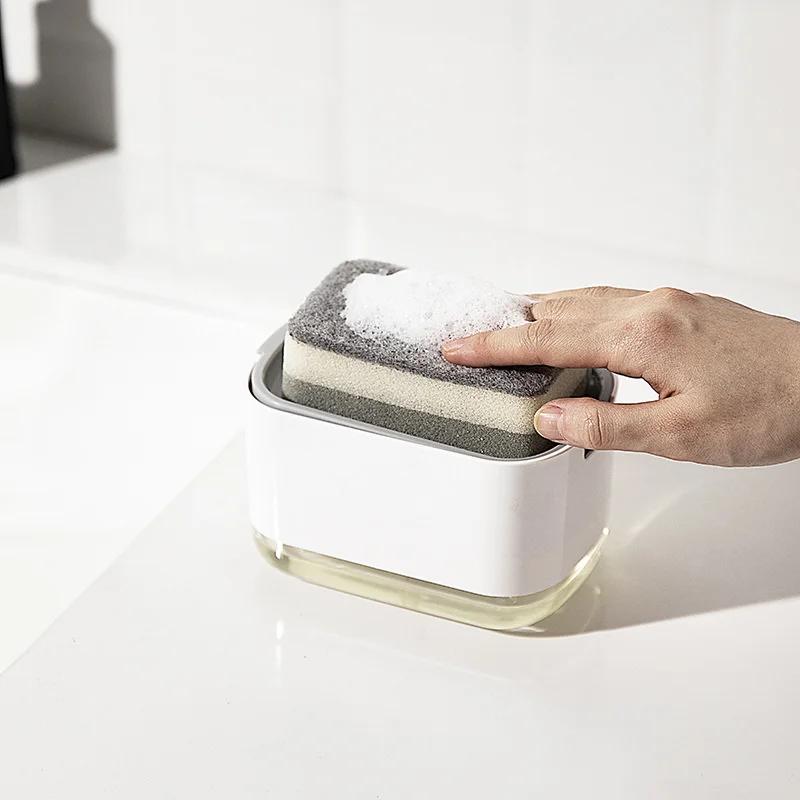 2 in 1 Dispenser di sapone per piatti, dispenser di sapone liquido, contenitore per sapone con porta spugna per cucina, bagno, accessori per il lavaggio