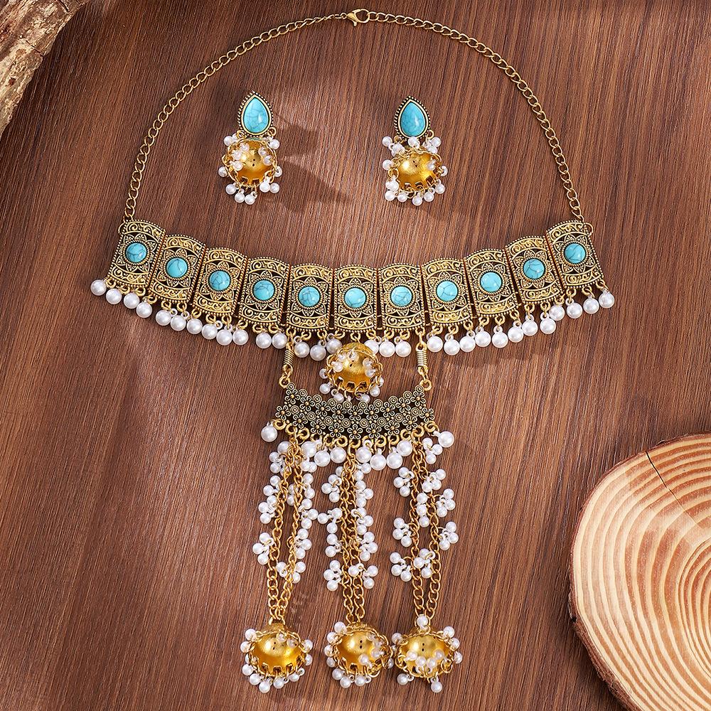 Indian Ethnic Style Colored Diamond Bells, Pearl Necklace, Earrings, Two-piece Set, Retro Style Exotic Bridal Alloy Jewelry.