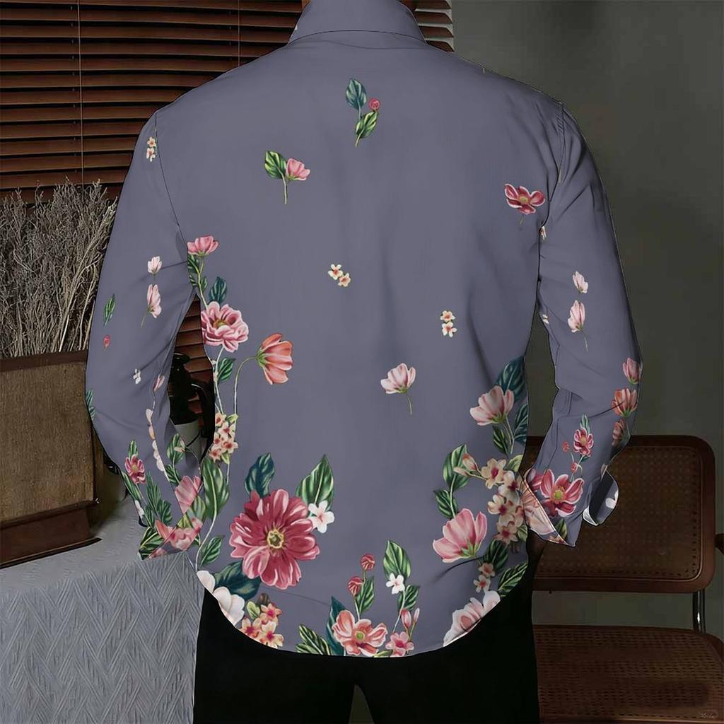 Men Collared Shirt Gray Pink Floral Branch Print Long Sleeve Button Down Top