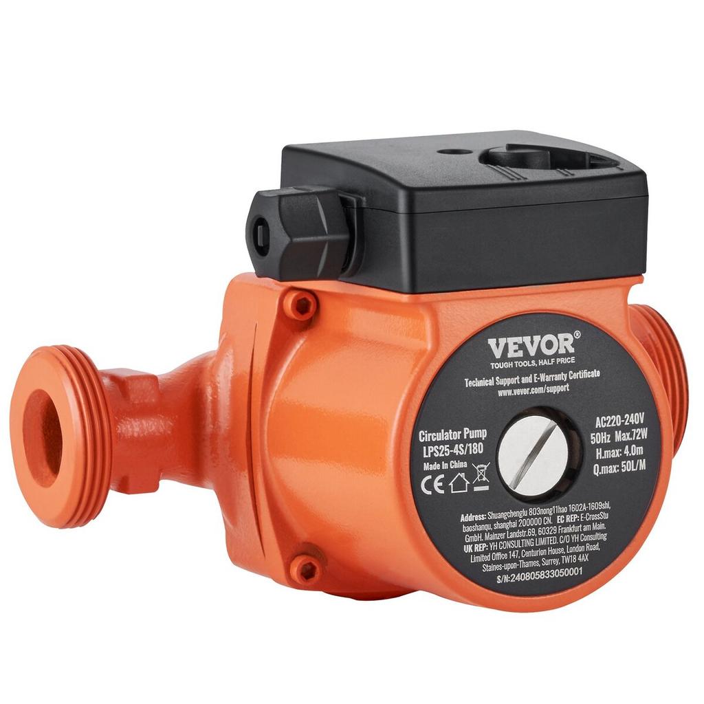 Vevor Hot Water Circulation Pump Cast Iron Recirculating Pump 220V 72W, 50 L/min Max Flow Rate, 4m Max Head Lift, 1-1/2" Threaded Connection, 2°c To