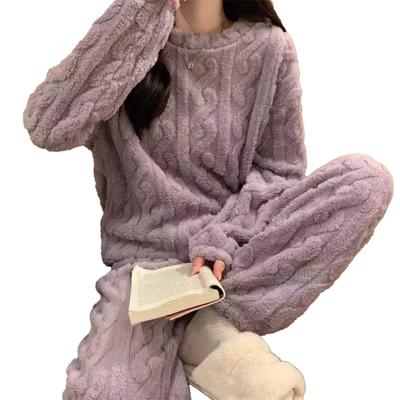 Conjunto de Pijama de Lã Feminino Macio Fofo Pulôver Canelado Conjunto de Roupa de Dormir de Duas Peças Inverno PJs Difusos de Sherpa Conjunto Lounge