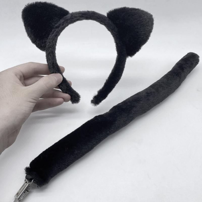 Furry Cats Ear Headpiece Lightweight Adjustable Design Role Play Headband and Tail For Halloween Cosplay Costume Parties