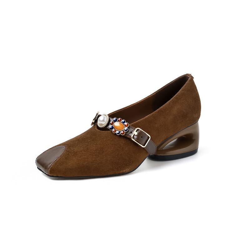 

Стиль легкой роскоши~ нишевые туфли Мэри Джейн на полом каблуке с жемчужной пряжкой, темпераментные французские красивые одинарные туфли женские 40 коричневый