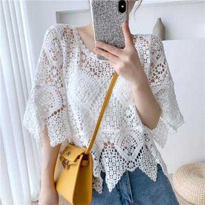 Neues lässiges Spitzenhemd für Damen, kurzärmliger Schal, gehäkeltes Lochmuster-Top mit kleinem Hemd, gestrickter Pullover