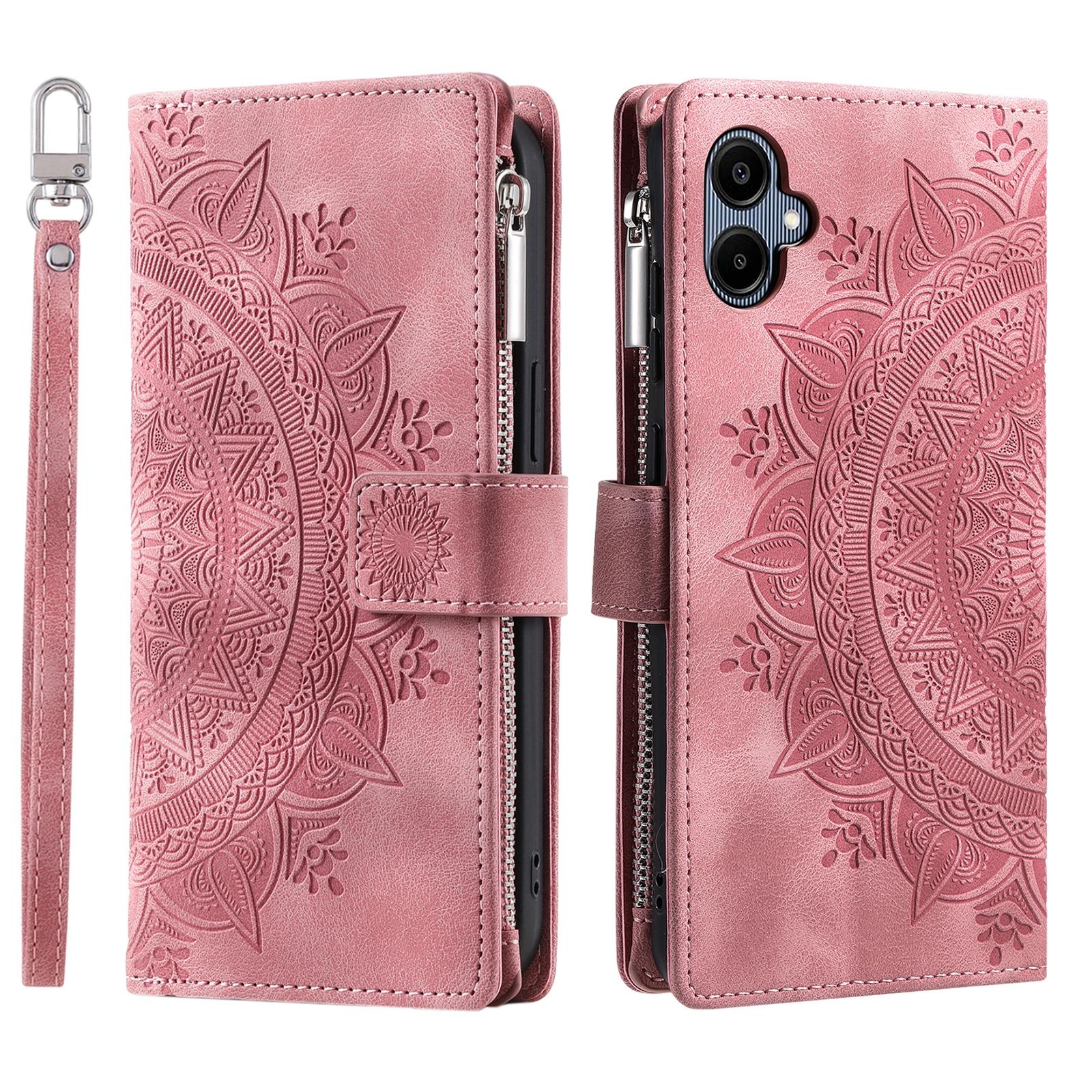 

For Samsung Galaxy A07 Wallet Case Mandala Flower Pattern PU Leather Phone Cover with Wrist Strap Rose Gold