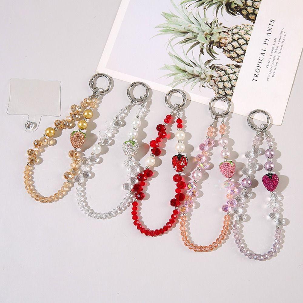 Short Bling Strawberry Phone Chain Anti-lost Pearl Mobile Phone Lanyard  Christmas Gifts
