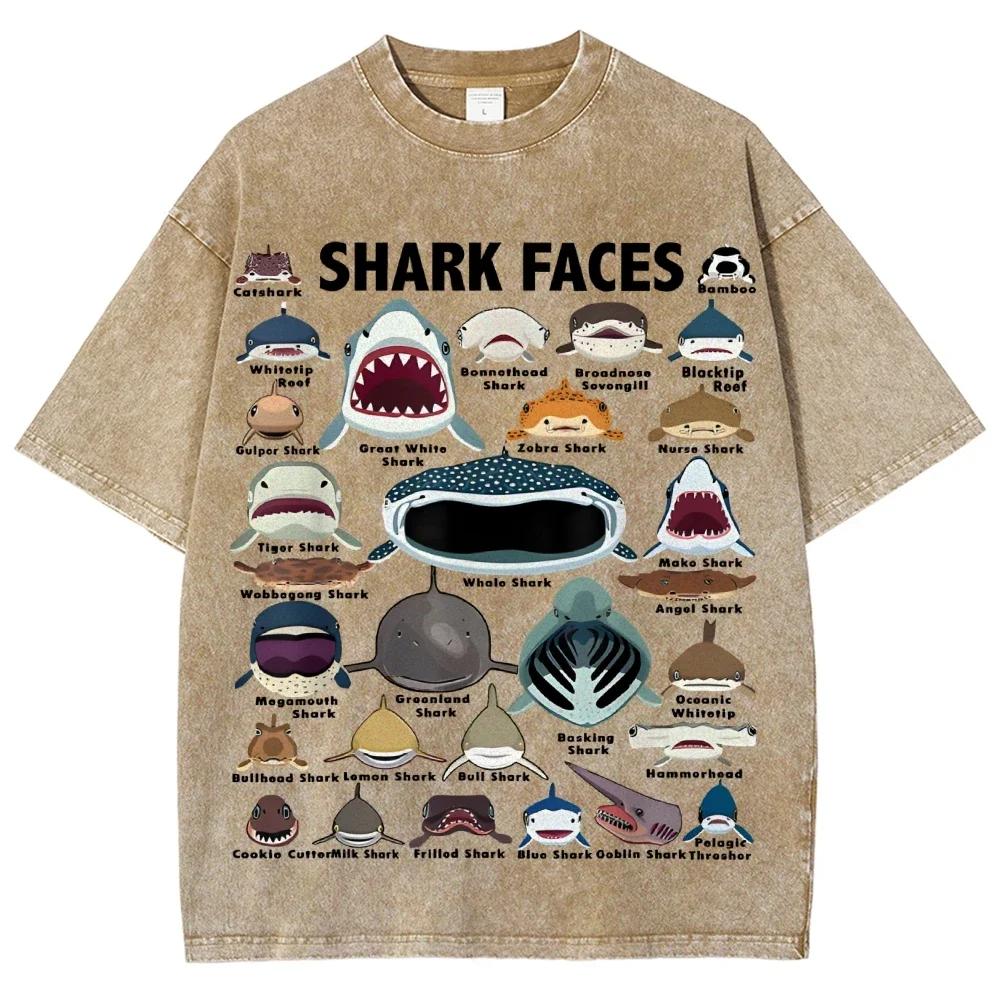 Vintage-style Men's and women's T-shirts with various shark prints high-quality washed and distressed casual short sleeves