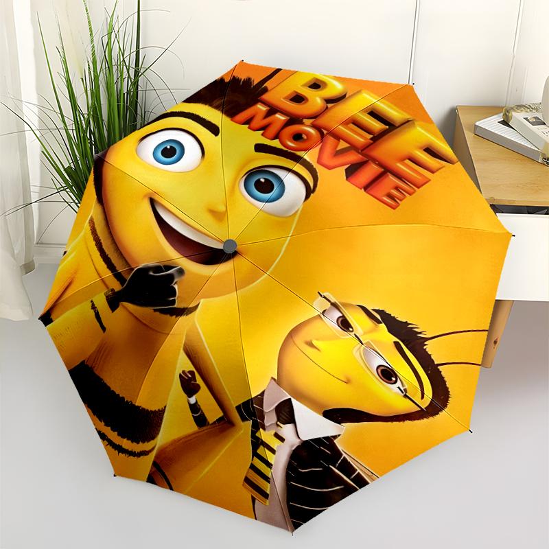 Bee Movie Print Automatic Umbrella, 8 Rib Iron Frame, Plastic Handle, Suitable for Outdoor Travel &Daily , Ideal Gift