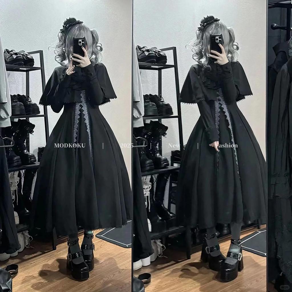 MODKOKU Gothic Lolita Dress with Ribbon and Lace Gothic Lolita Girly Long XL Cape-Style Dress, Women's Waistband, Ruffles, Long, Dress, Dreamy, Cute,