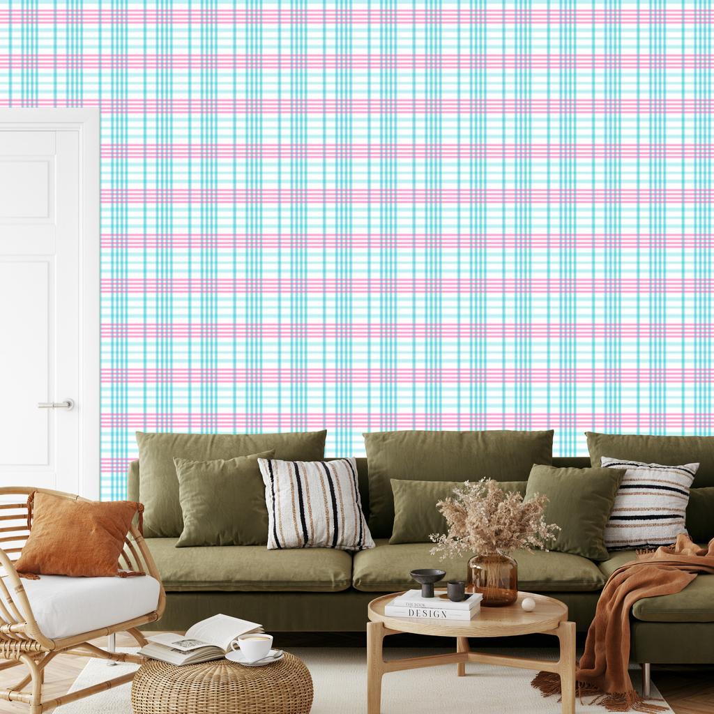 Pink and blue checkered wallpaper, celadon, white and powder pink, 50x1000