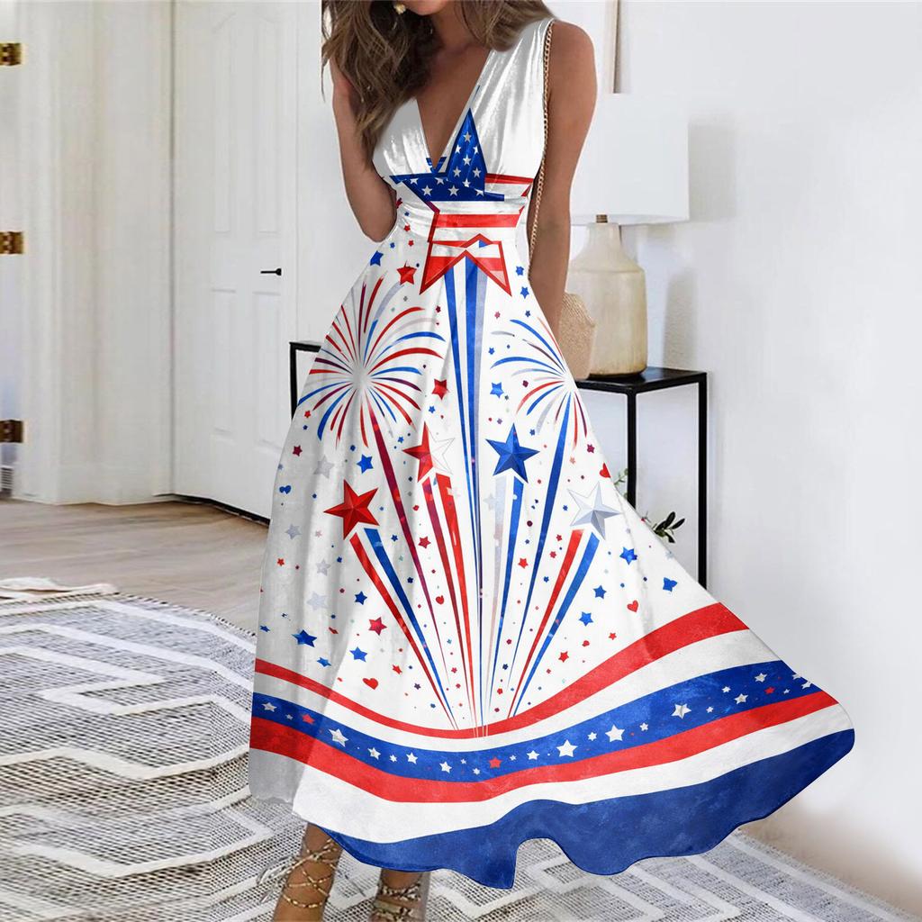 Womens Sleeveless V Neck Wrap Maxi Dress Patriotic Flag Print Floral Swing Summer Sundress Casual High Waist